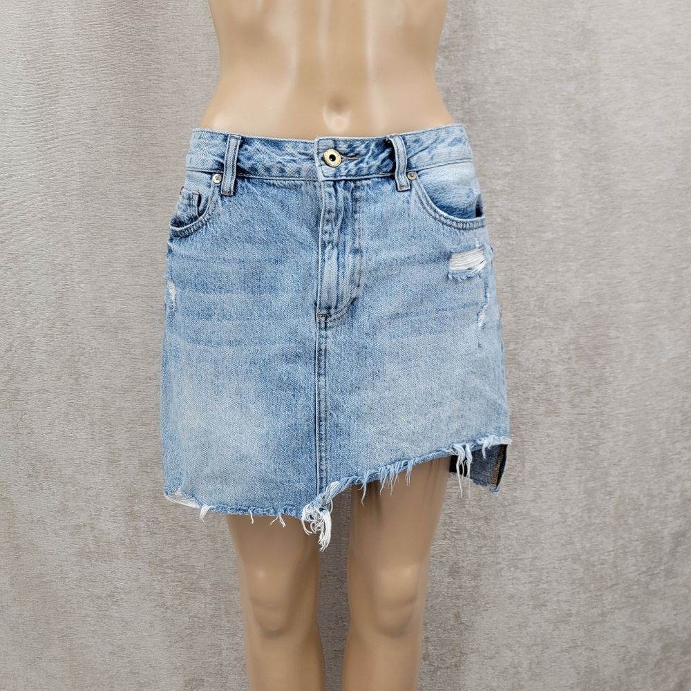 Pistola Denim Blue Jean Asymmetrical Frayed Hem Mini Skirt Distressed